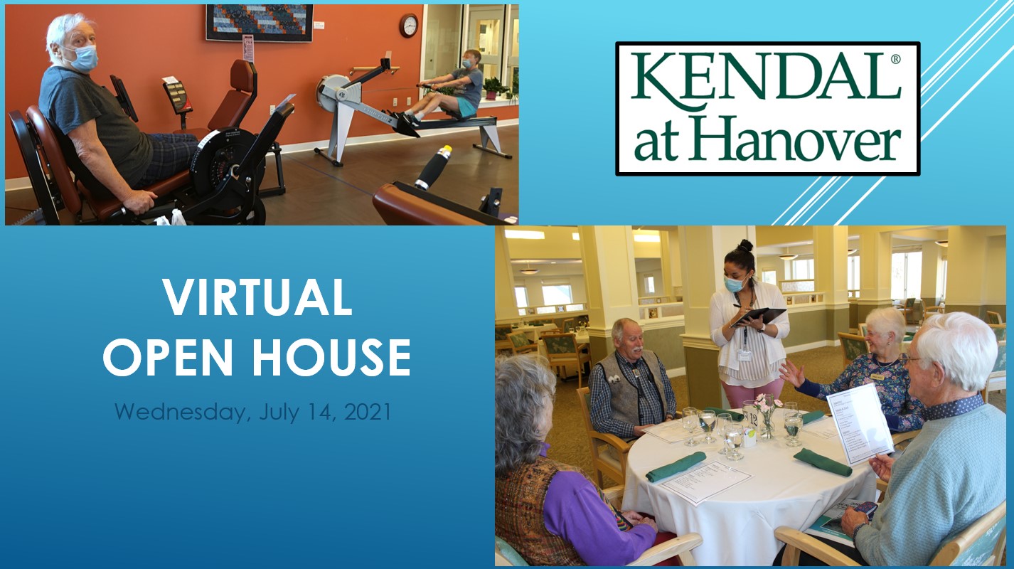 Introduction slide of Kendal at Hanover's Virtual Open House on July 14, 2021. One picture with residents exercising and one picture with residents ordering in Kendal at Hanover's Dining Room.